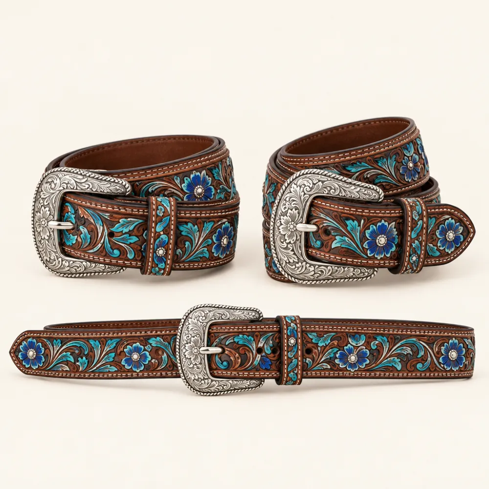 Ladies tooled floral leather belts