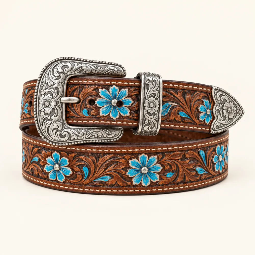 Tooled western belt with blue painted florals