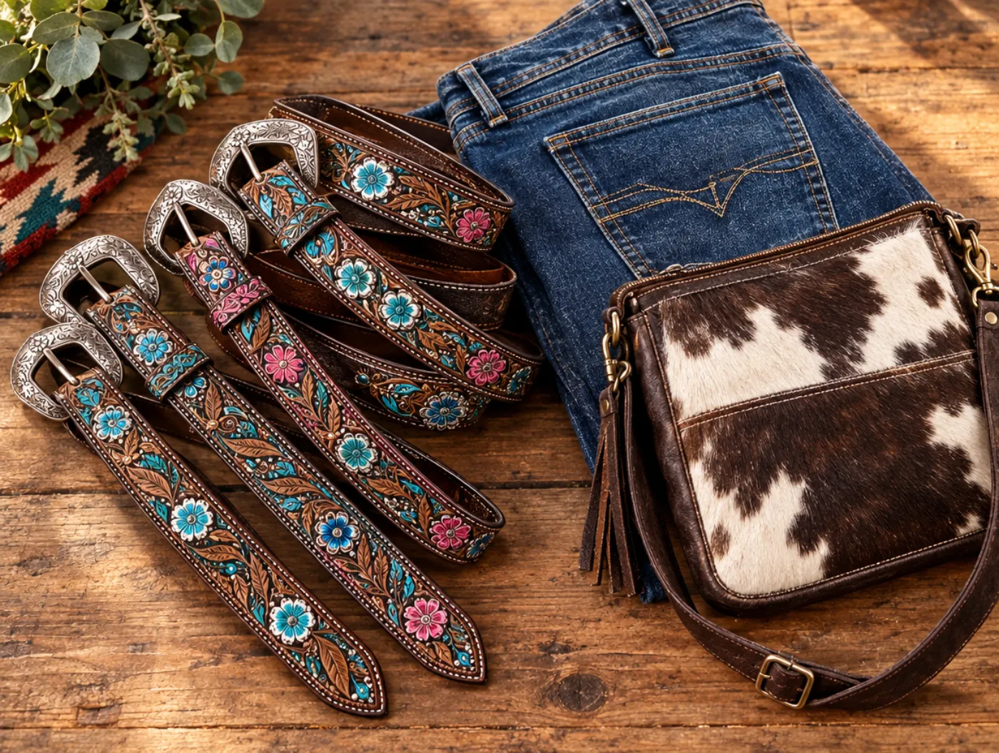 Ladies tooled floral western belts with jeans and a cowhide bag