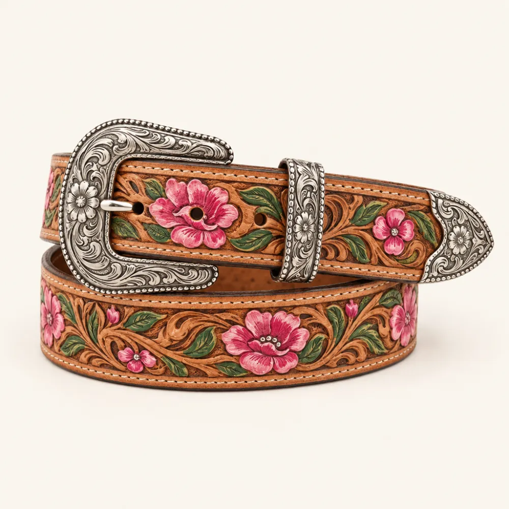 Tooled western belt with rose painted florals