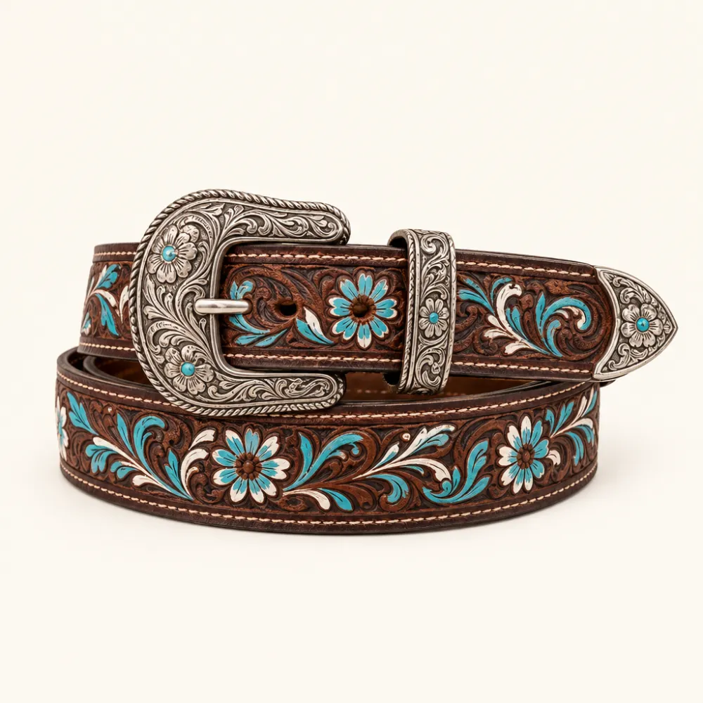 Tooled western belt with turquoise painted florals