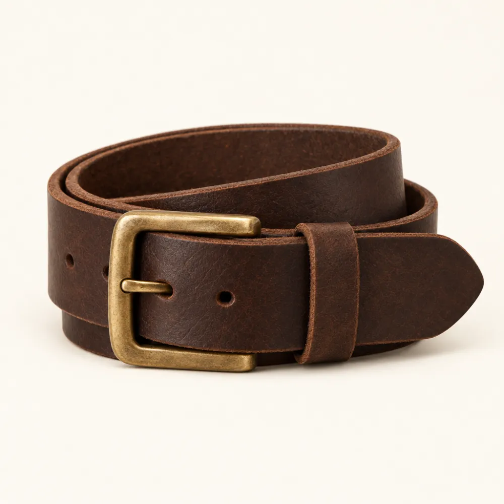 Full-grain leather belt in dark brown with an antique brass buckle