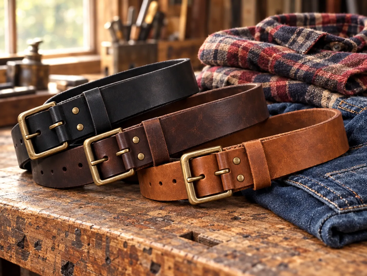 Men's leather belts coiled on a workbench with flannel and denim