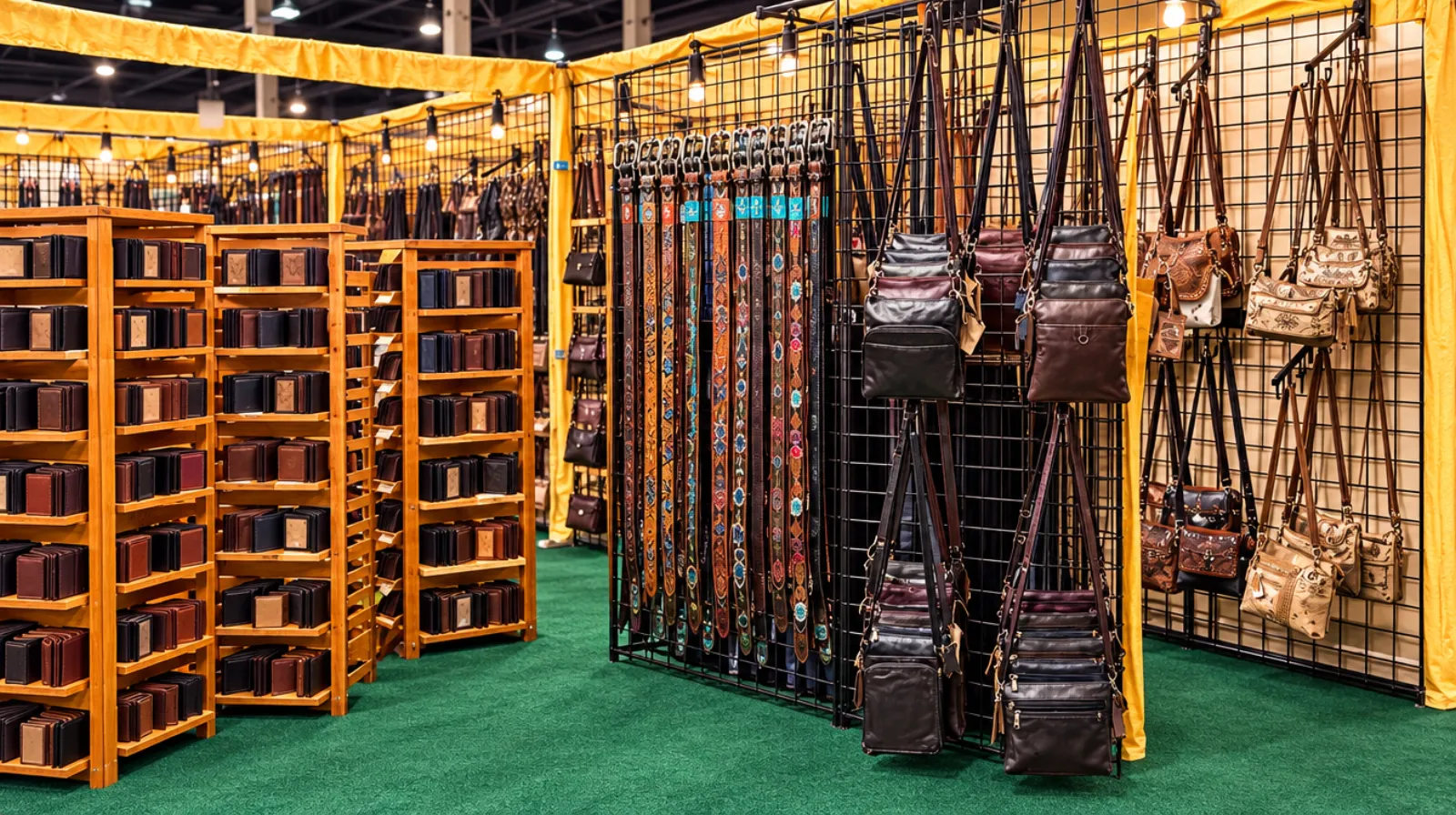 Green Mountain Leather booth with wallet racks, purses and belts
