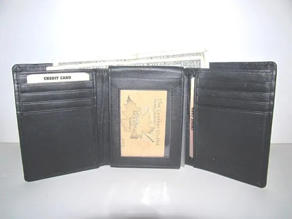 #2365 - Leather Tri-Fold with a Middle Flap - Black