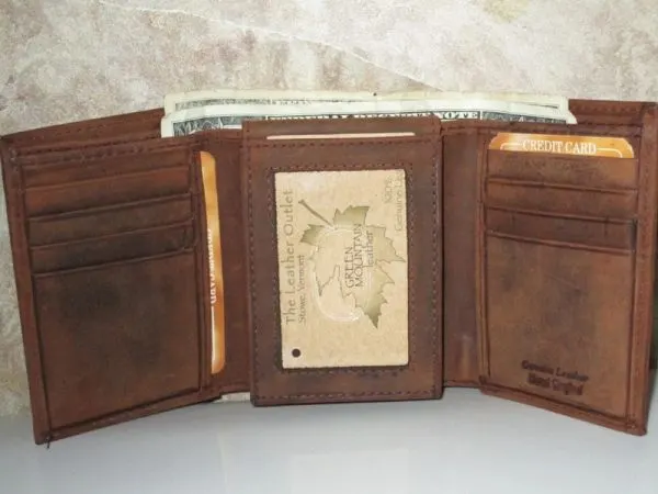 #54377 - ANTIQUE LEATHER TRI-FOLD WITH EXTRA FLAP - BROWN
