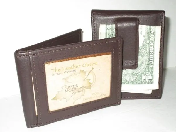 #58- Non-Magnetic Leather Bi-Fold Money Clip - Brown