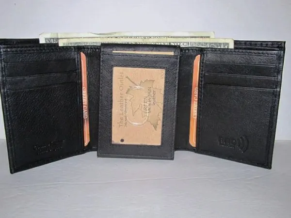RFID - #51252 - Leather Tri-Fold w/Middle Flap - Black
