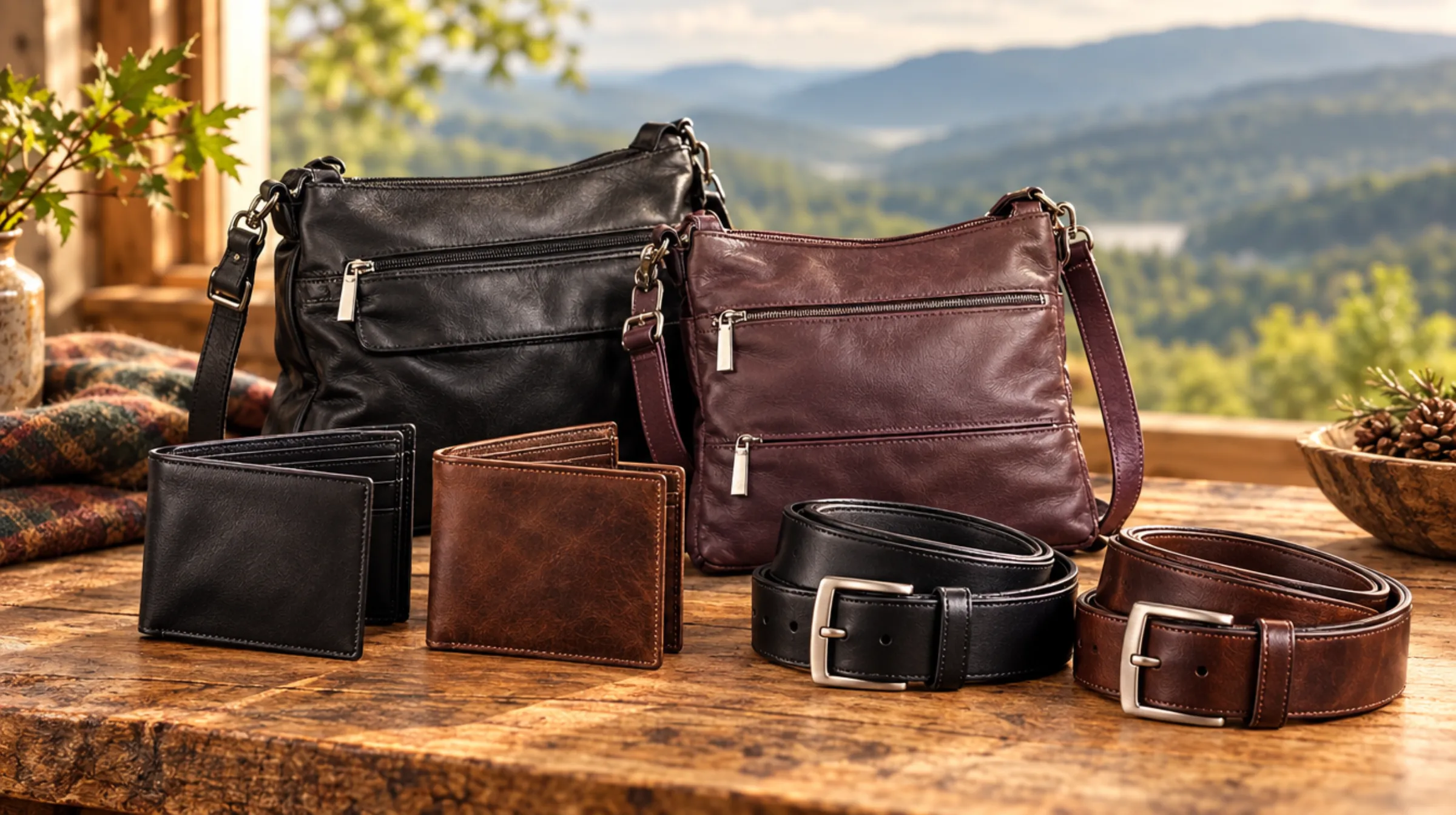 Green Mountain Leather wallets, crossbody purses and belts on a rustic wood table with the Vermont mountains behind
